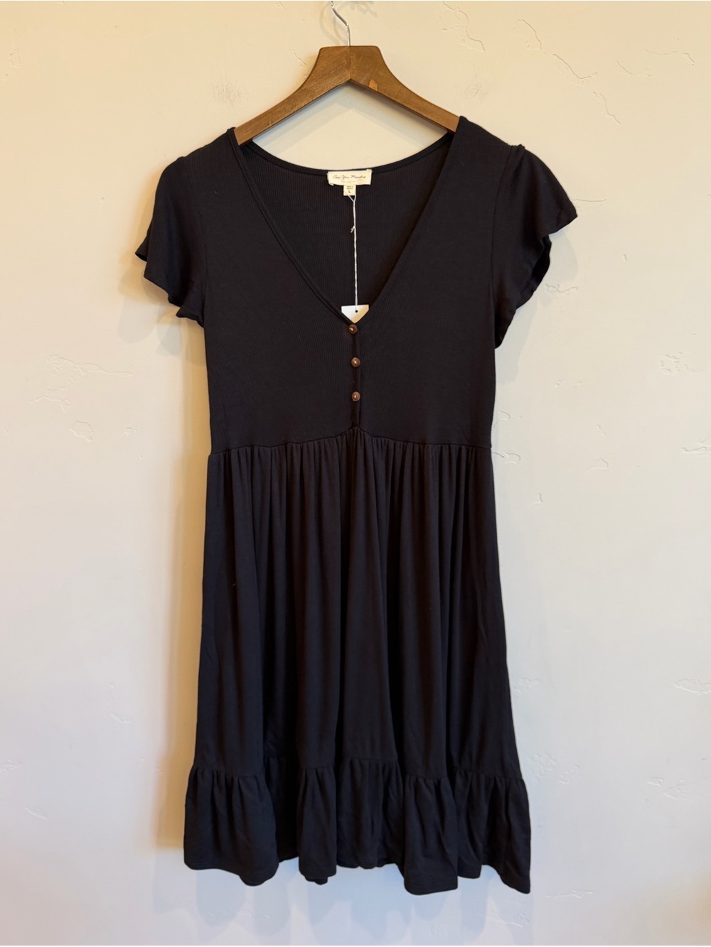 SEE YOU MONDAY Black Lightweight Ribbed V Neck Ruffle Summer Dress